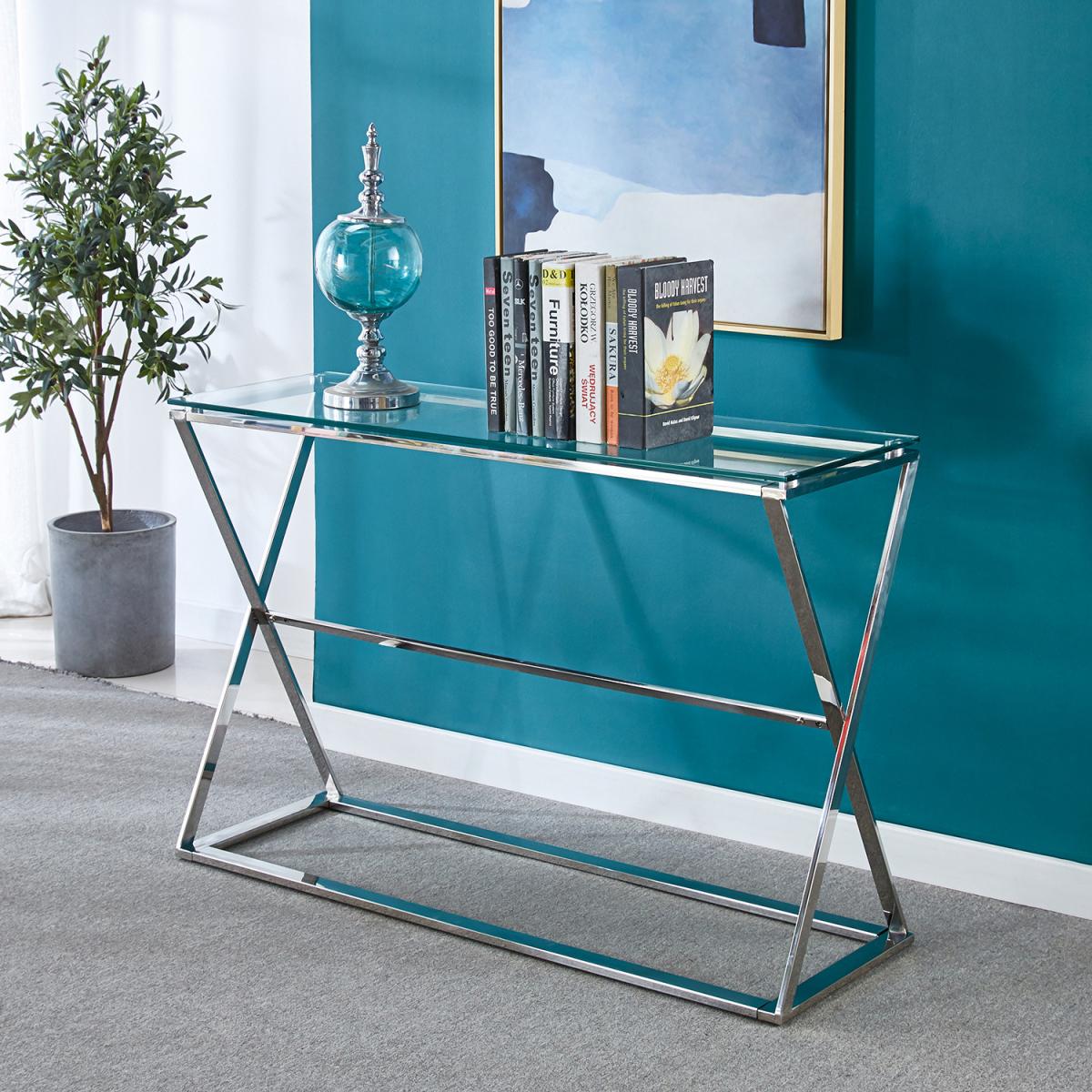 Tempered Glass Top Hallway Tall Console Table Chromed Legs Home Furniture - Silvery – image 4