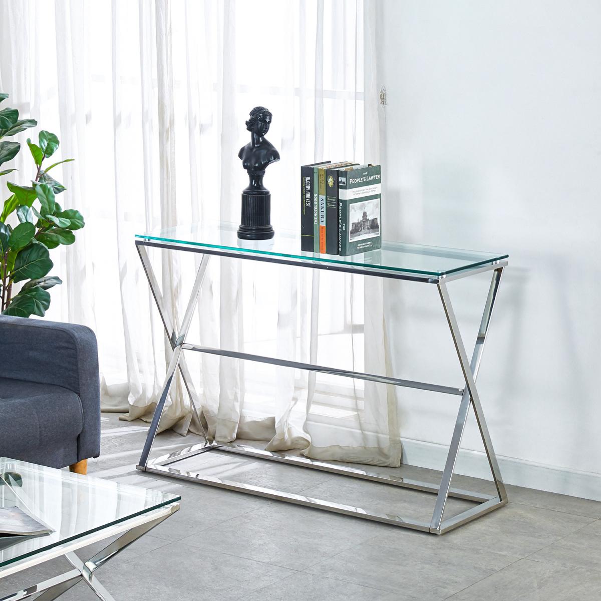 Tempered Glass Top Hallway Tall Console Table Chromed Legs Home Furniture - Silvery – image 6