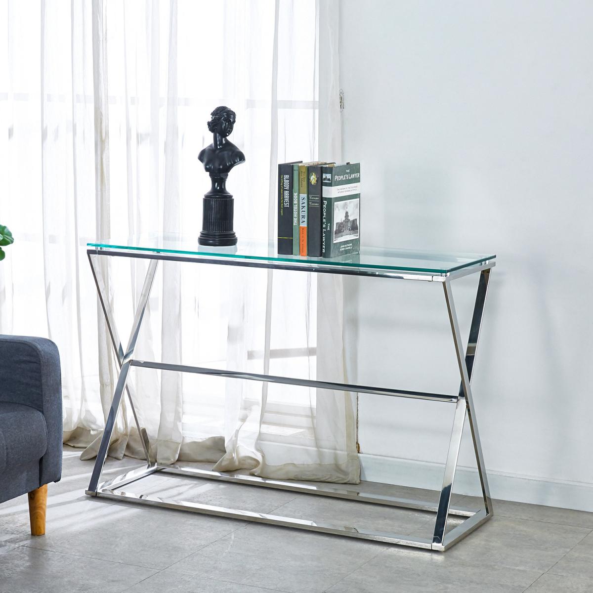 Tempered Glass Top Hallway Tall Console Table Chromed Legs Home Furniture - Silvery – image 7