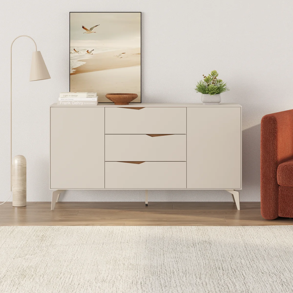 Decortie Jaden Console Table With Three Drawers And Two Cupboards - Sandstone, Whiskey Oak – image 2