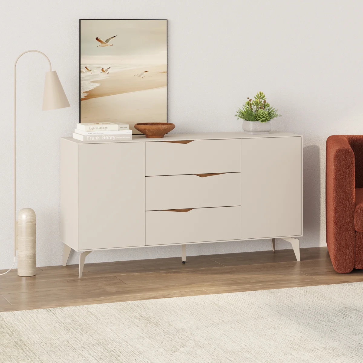 Decortie Jaden Console Table With Three Drawers And Two Cupboards - Sandstone, Whiskey Oak – image 3