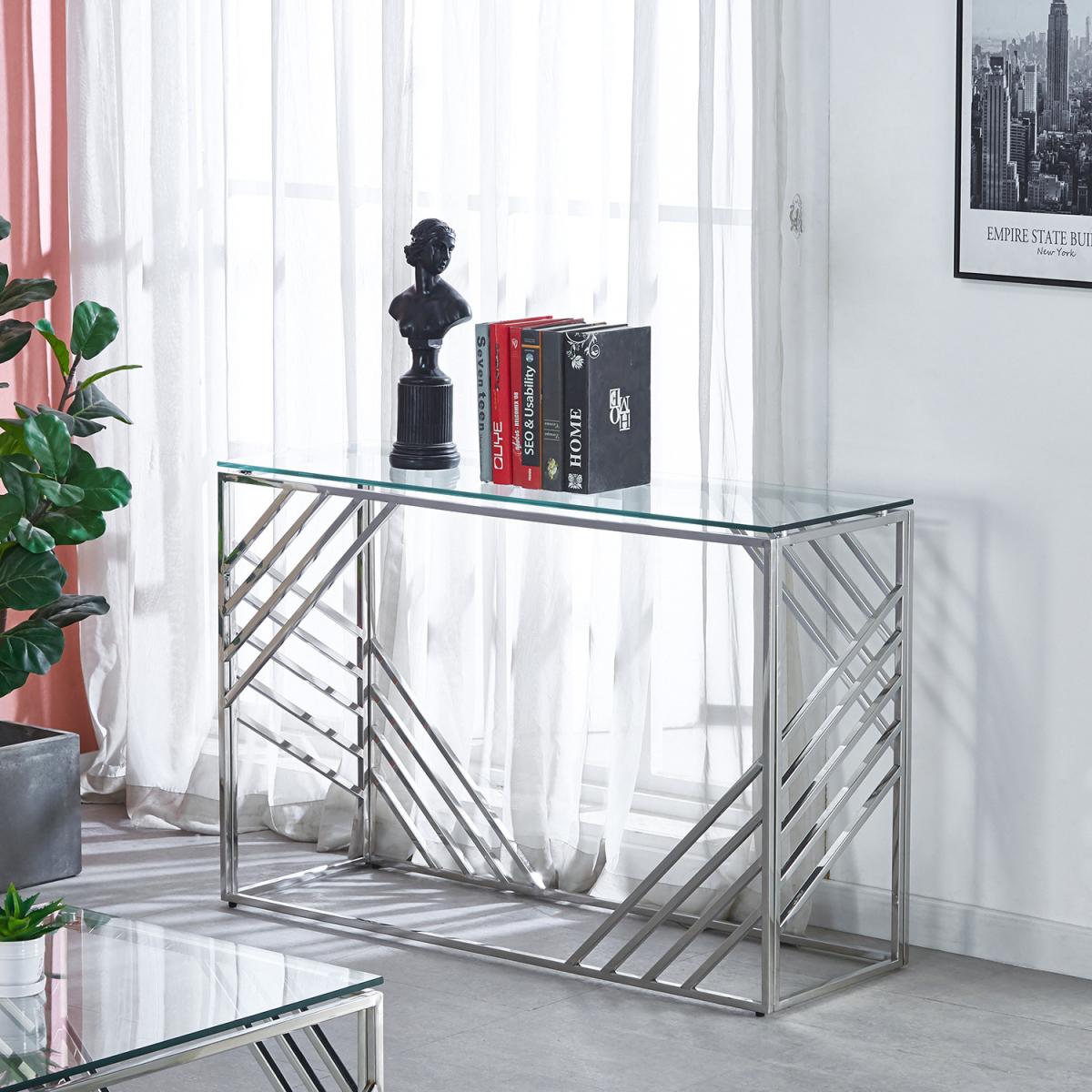 Luxury Tempered Glass Top Side Table With Stainless Steel Legs - Silver – image 3