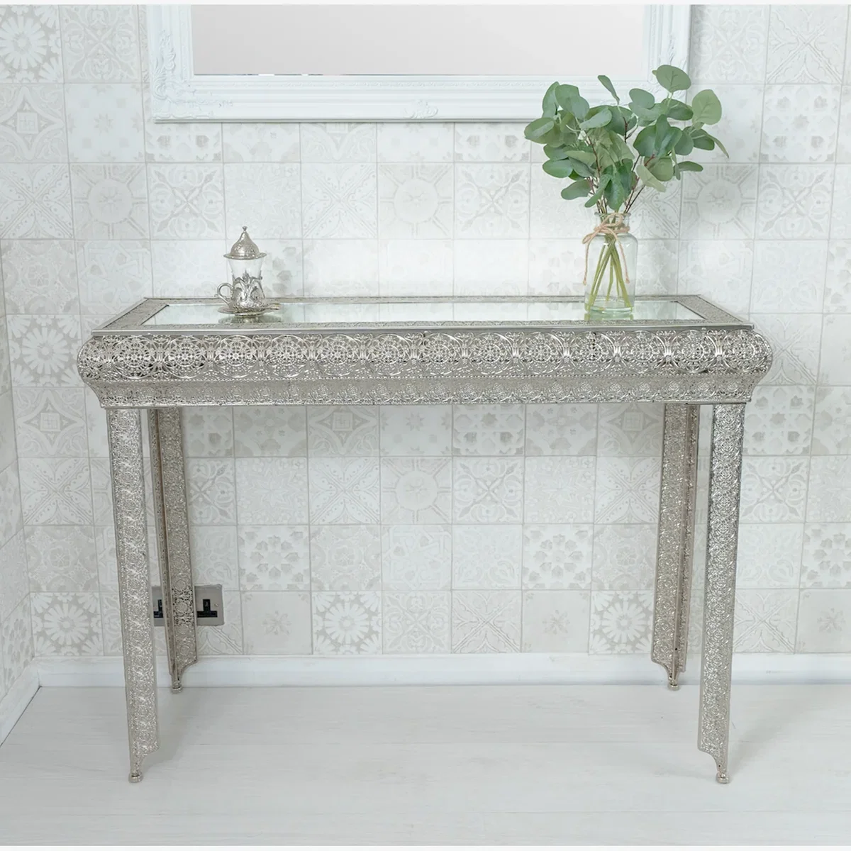 Silver Embossed Metal Mirrored Glass Console Table - Agadir Collection - Silver