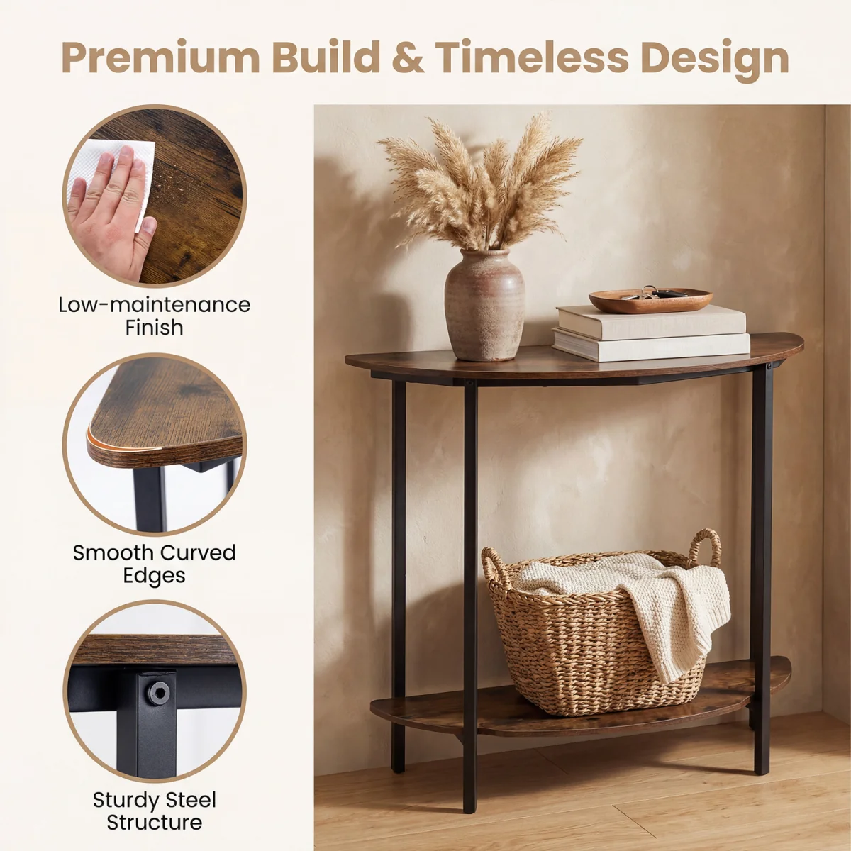 2 Tier Industrial Half moon Console Table - Brown – image 2