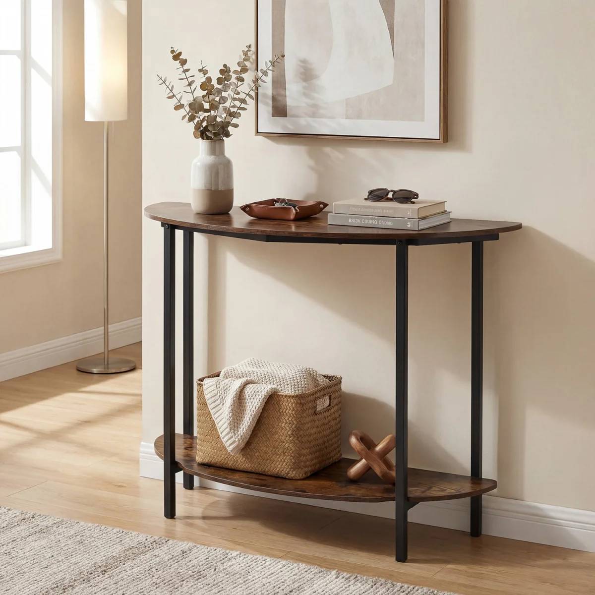 2 Tier Industrial Half moon Console Table - Brown – image 4