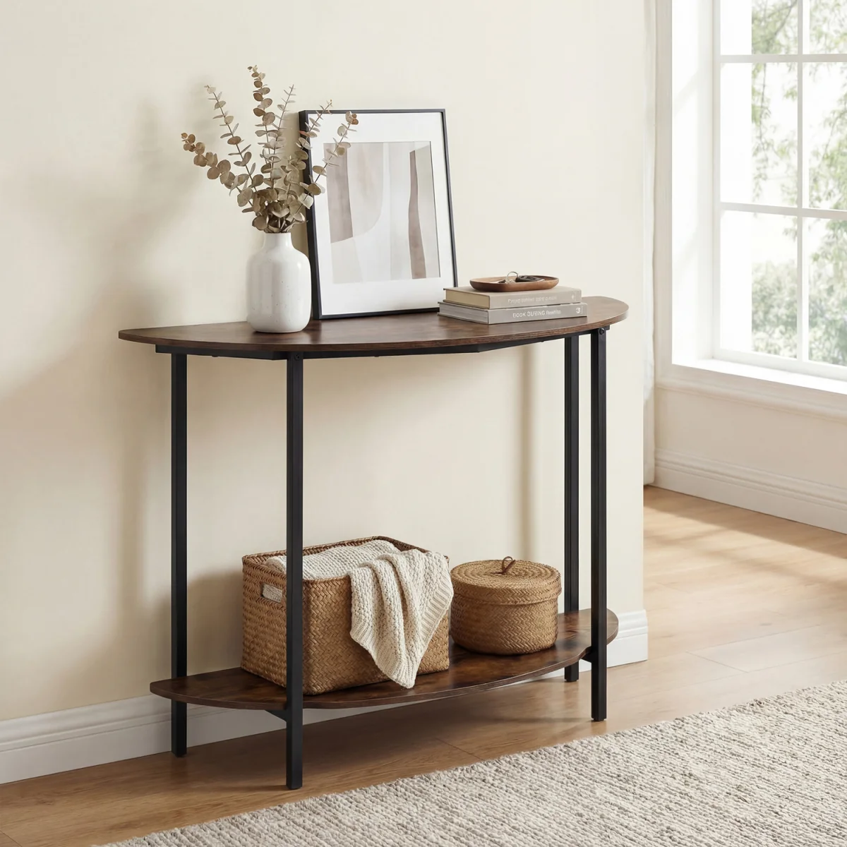 2 Tier Industrial Half moon Console Table - Brown – image 5