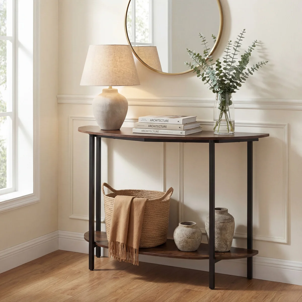 2 Tier Industrial Half moon Console Table - Brown – image 6