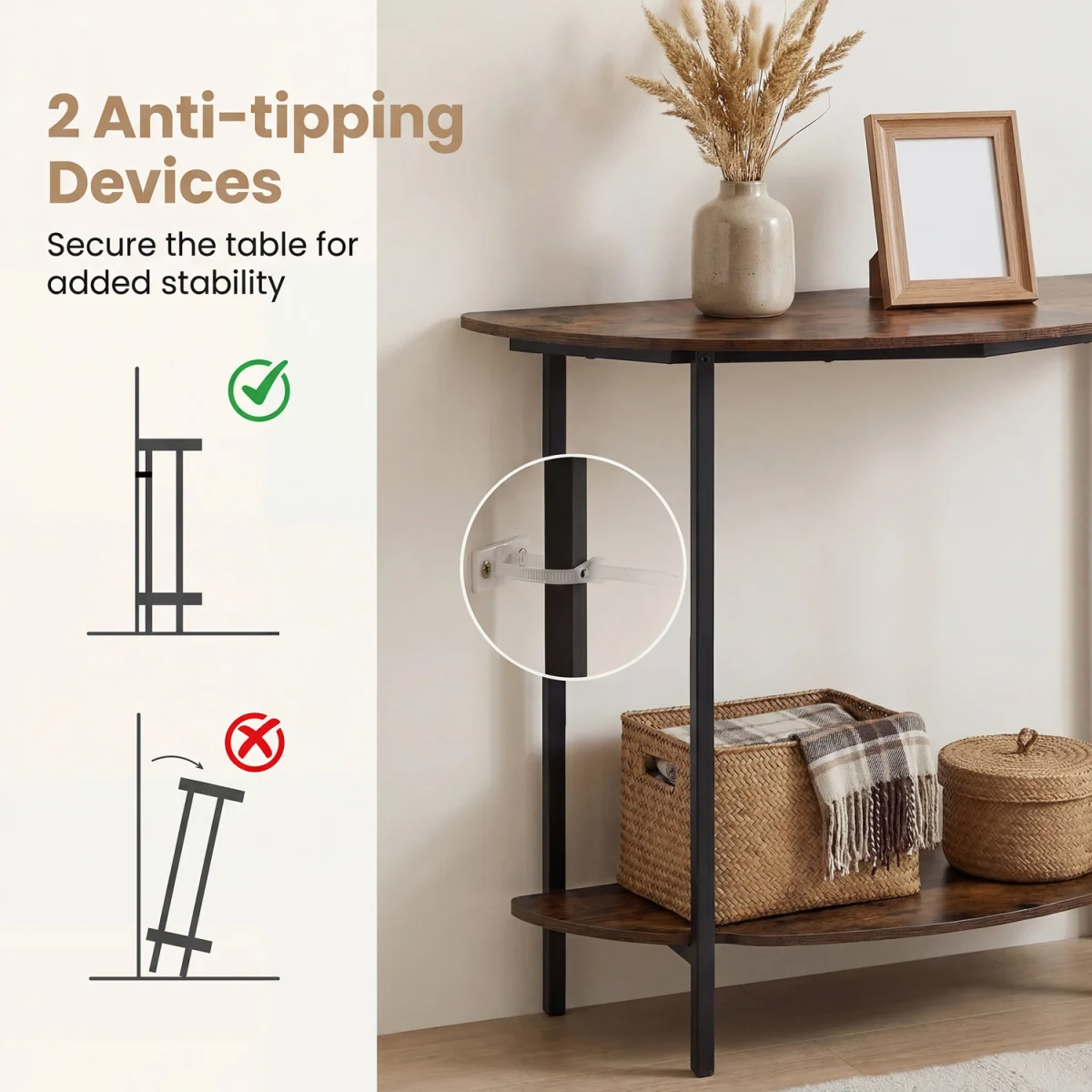 2 Tier Industrial Half moon Console Table - Brown – image 7