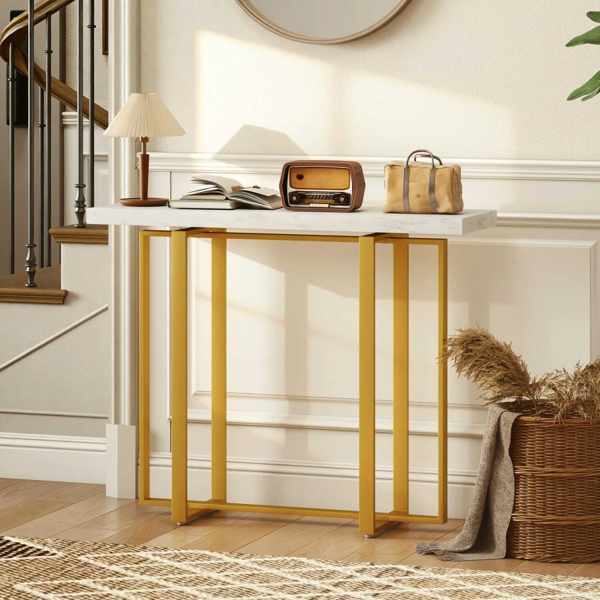 Larose Narrow Console Table 100 x 30 cm - White Faux Marble Top, Gold-Tone Frame – image 2