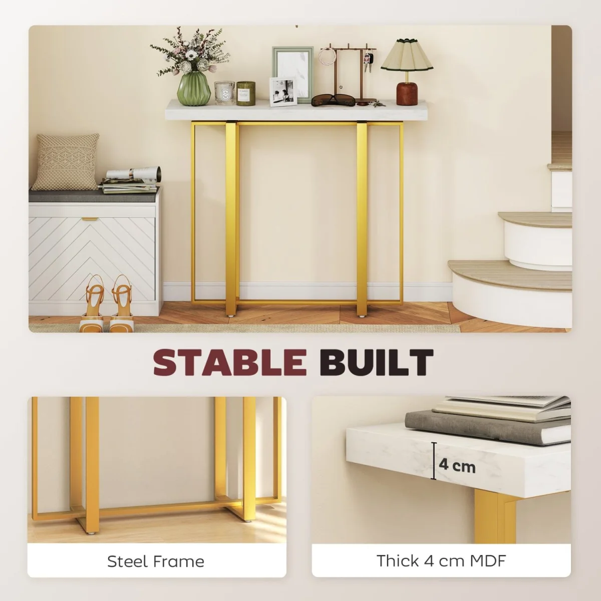 Larose Narrow Console Table 100 x 30 cm - White Faux Marble Top, Gold-Tone Frame – image 6