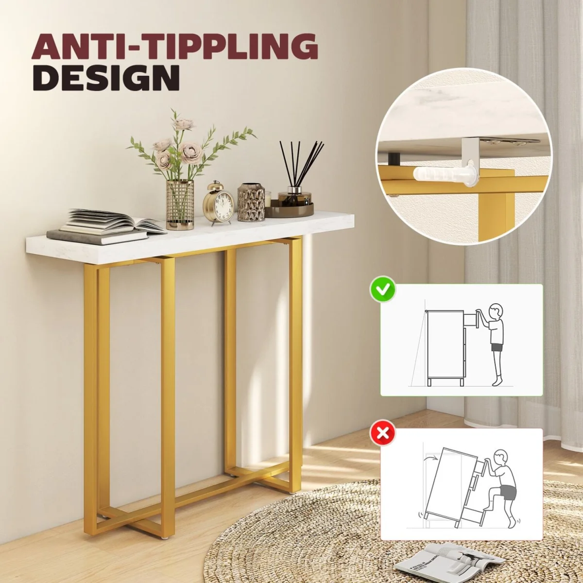 Larose Narrow Console Table 100 x 30 cm - White Faux Marble Top, Gold-Tone Frame – image 7