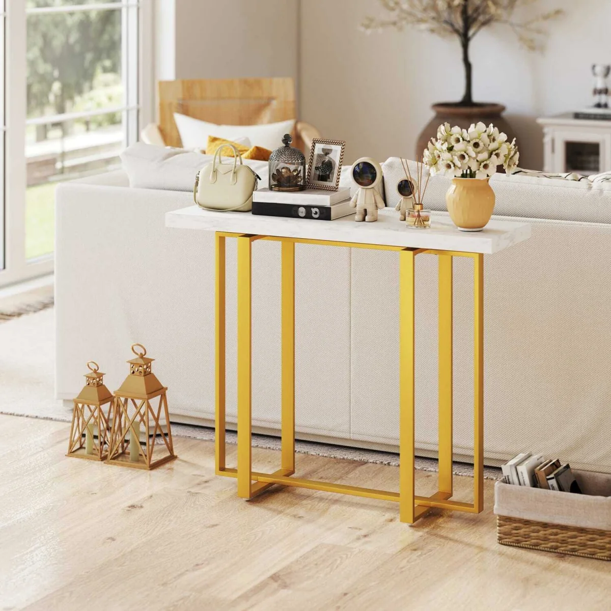Larose Narrow Console Table 100 x 30 cm - White Faux Marble Top, Gold-Tone Frame – image 9