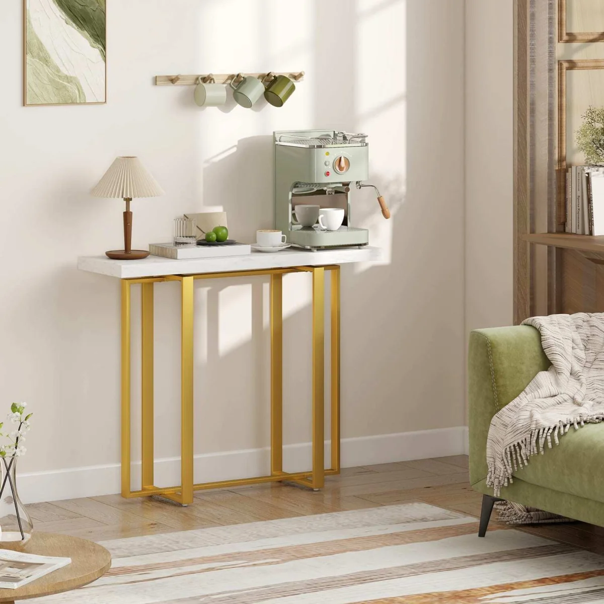 Larose Narrow Console Table 100 x 30 cm - White Faux Marble Top, Gold-Tone Frame – image 10