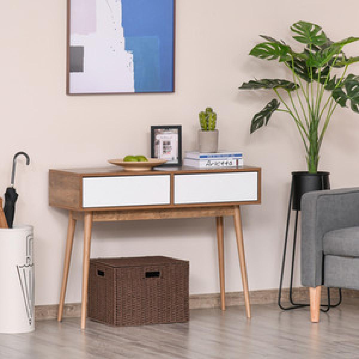 Console Table with 2 Drawers & Solid Pine Legs - White and Brown – image 2