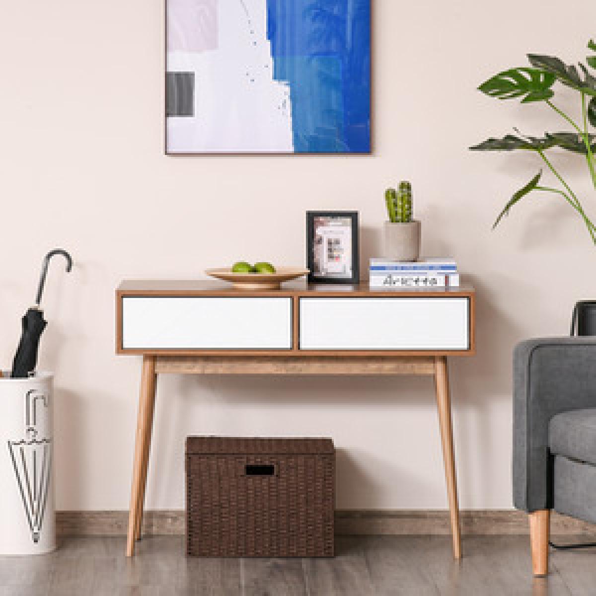 Console Table with 2 Drawers & Solid Pine Legs - White and Brown – image 11