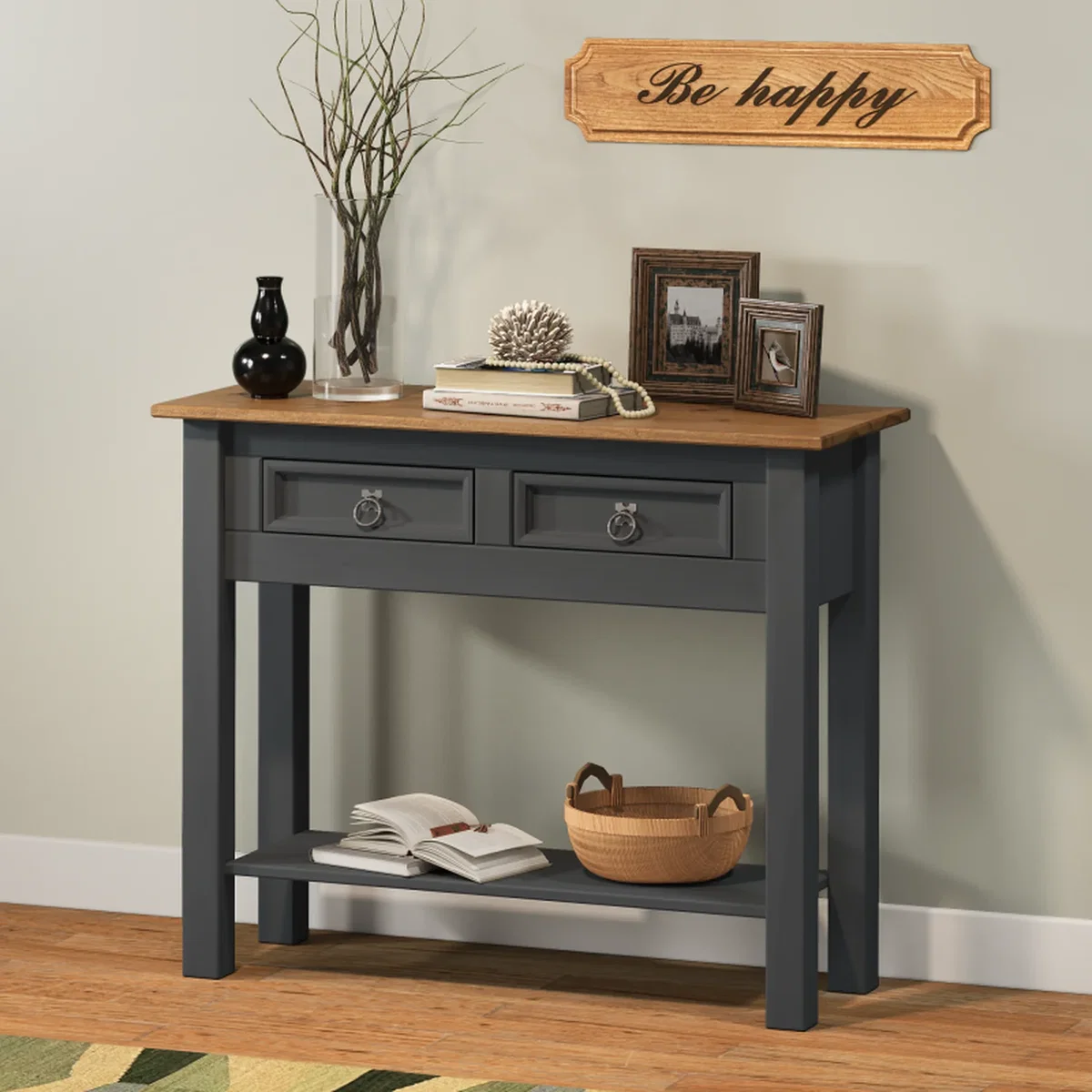 Corona 2 Drawer Console Table with Shelf - Distressed Charcoal Wax – image 2