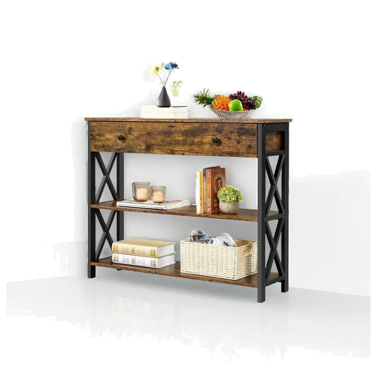 Industrial Console Table with Drawer and 2 Shelves - Brown