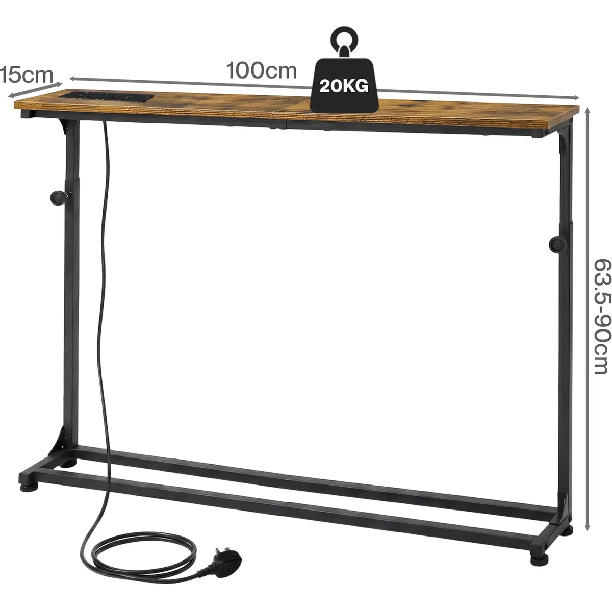 Console Table Adjustable Height 15cm Slim Power Outlet Brown Black - Brown – image 4