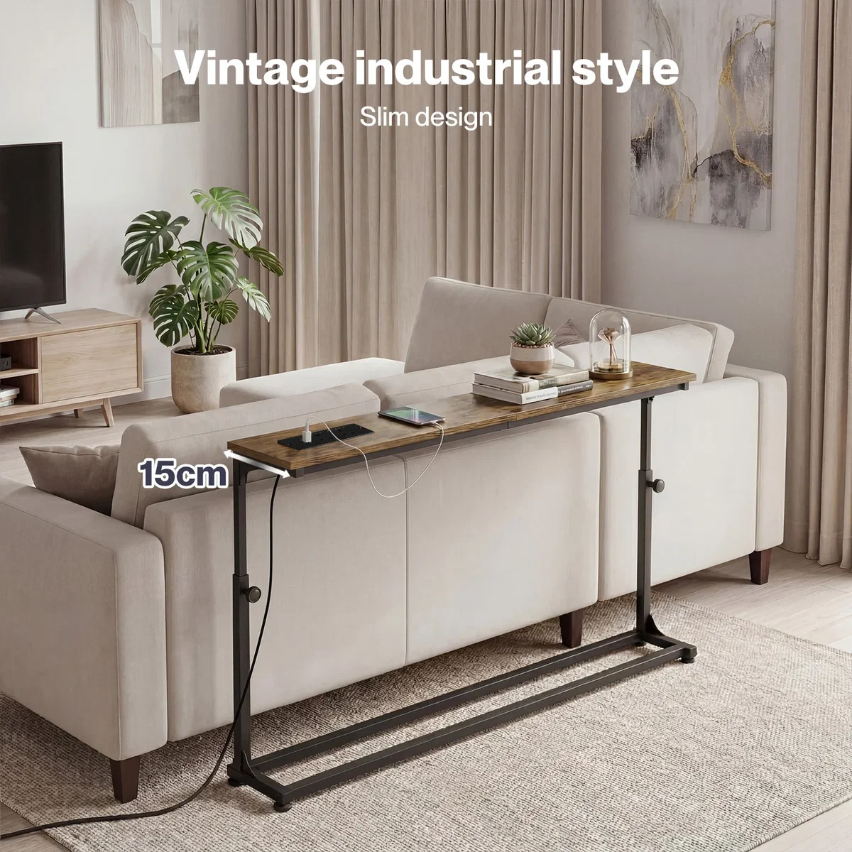 Console Table Adjustable Height 15cm Slim Power Outlet Brown Black - Brown – image 5