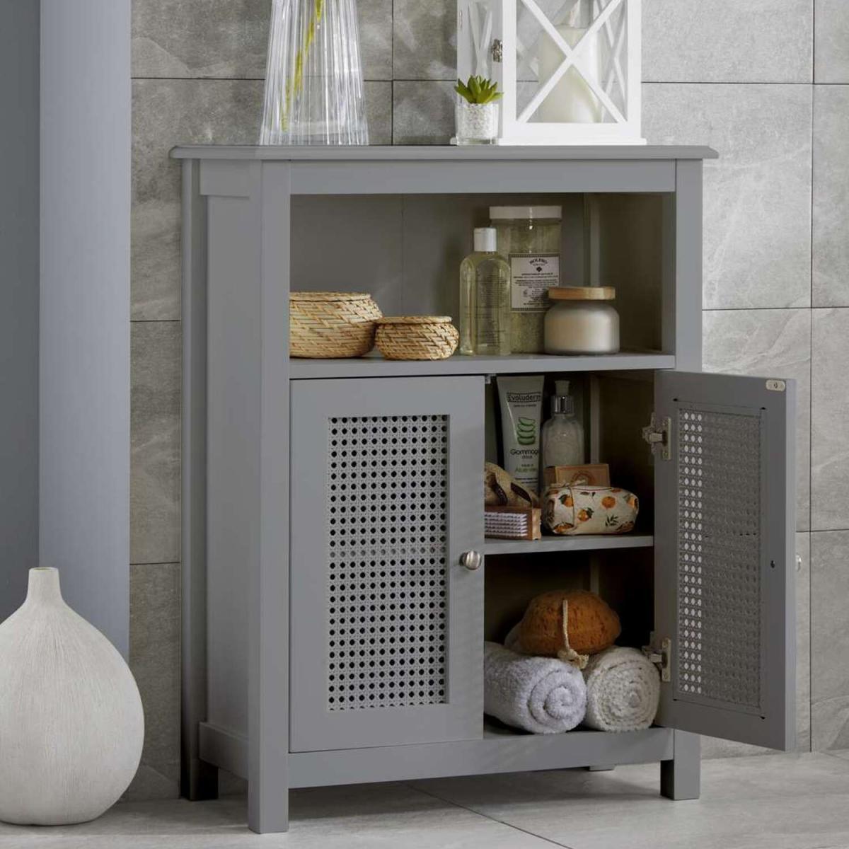 Rattan Detail Console Bathroom Storage Cabinet in Grey - Grey – image 2