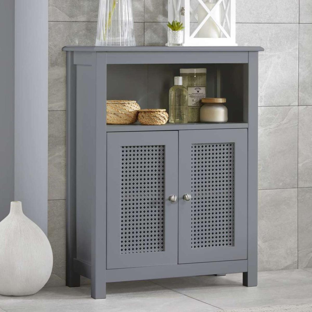 Rattan Detail Console Bathroom Storage Cabinet in Grey - Grey – image 5