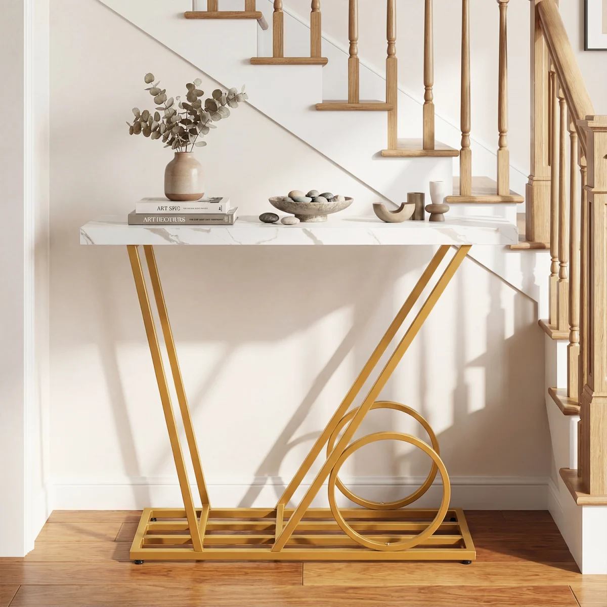 Modern Console Table with Cart inspired Design - White – image 2