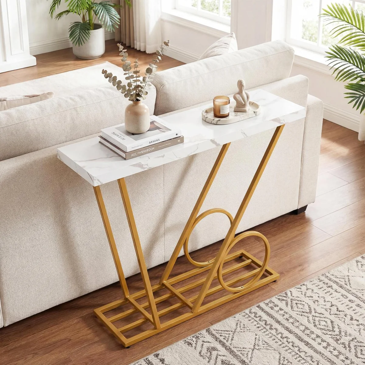 Modern Console Table with Cart inspired Design - White – image 4