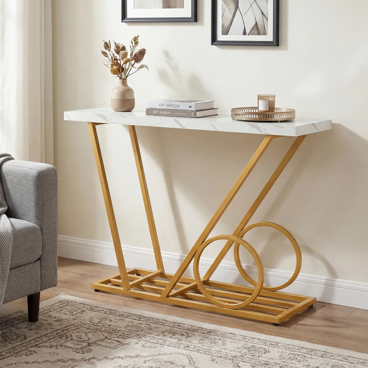 Modern Console Table with Cart inspired Design - White – image 5