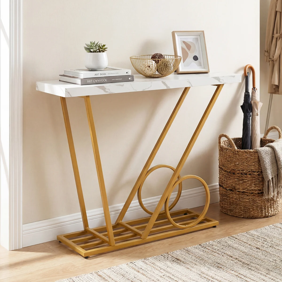 Modern Console Table with Cart inspired Design - White – image 6