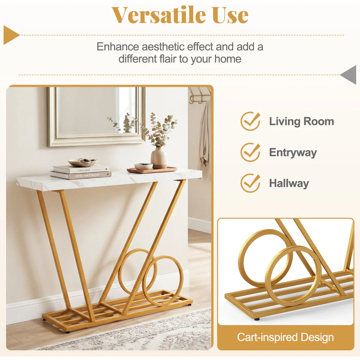Modern Console Table with Cart inspired Design - White – image 7