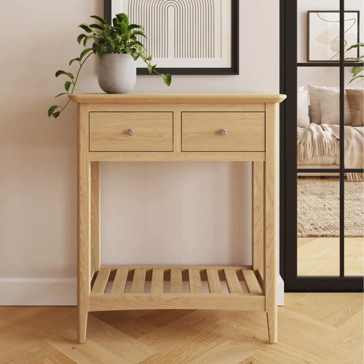 Ash 2 Drawer Console Table With Brushed Handles Full Length Low Shelf - Ash – image 2