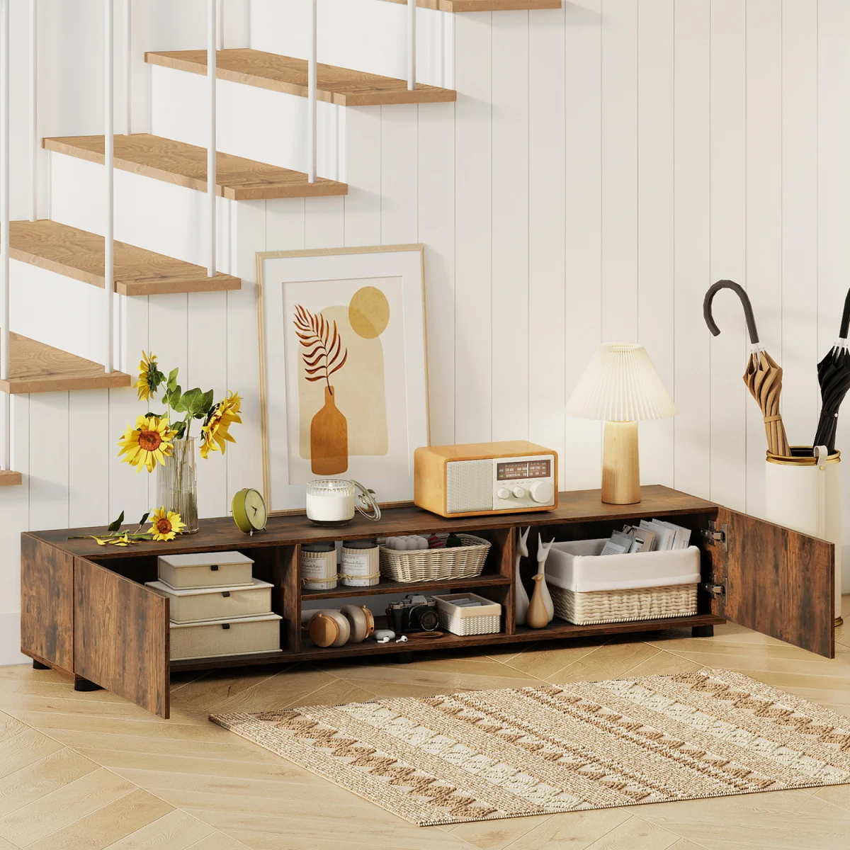 Media Console Table Cabinet with Support Feet - Rustic Brown – image 2