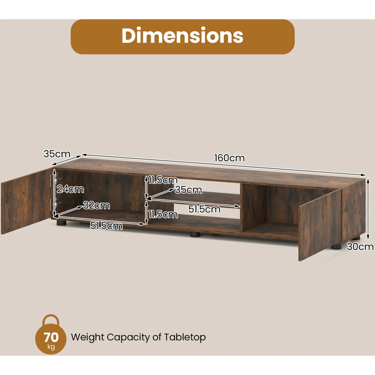 Media Console Table Cabinet with Support Feet - Rustic Brown – image 3
