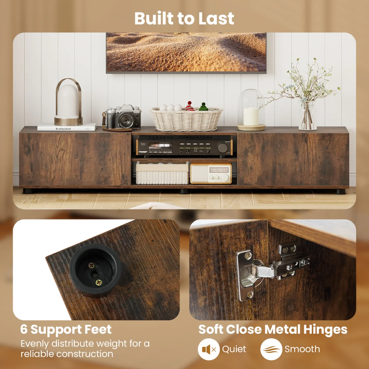 Media Console Table Cabinet with Support Feet - Rustic Brown – image 5