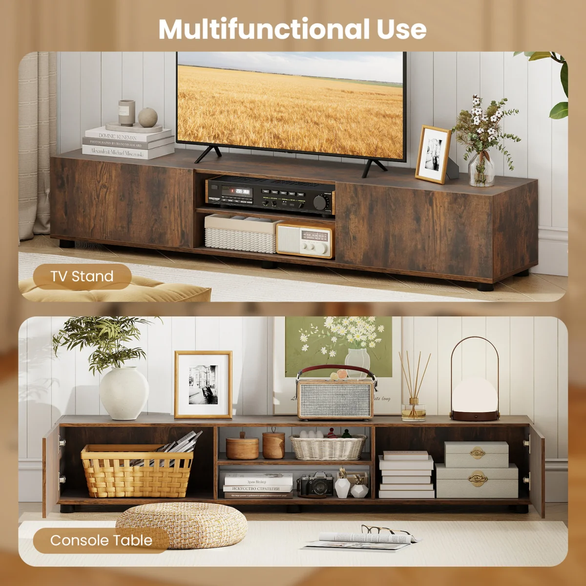 Media Console Table Cabinet with Support Feet - Rustic Brown – image 6