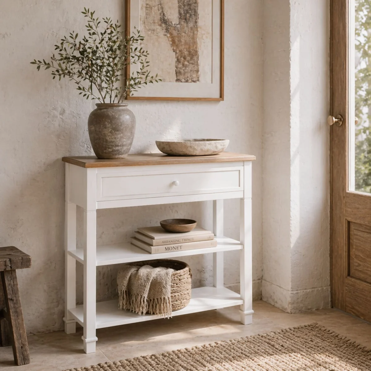 Sacoso Retro Console Table, White Frame and Natural Wood Top, Drawer and Dual Shelves – image 2