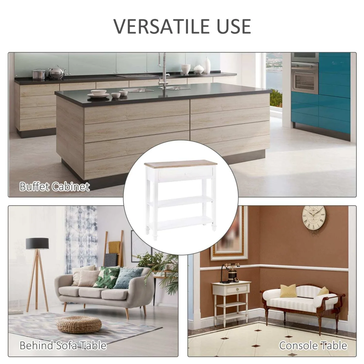 Sacoso Retro Console Table, White Frame and Natural Wood Top, Drawer and Dual Shelves – image 3