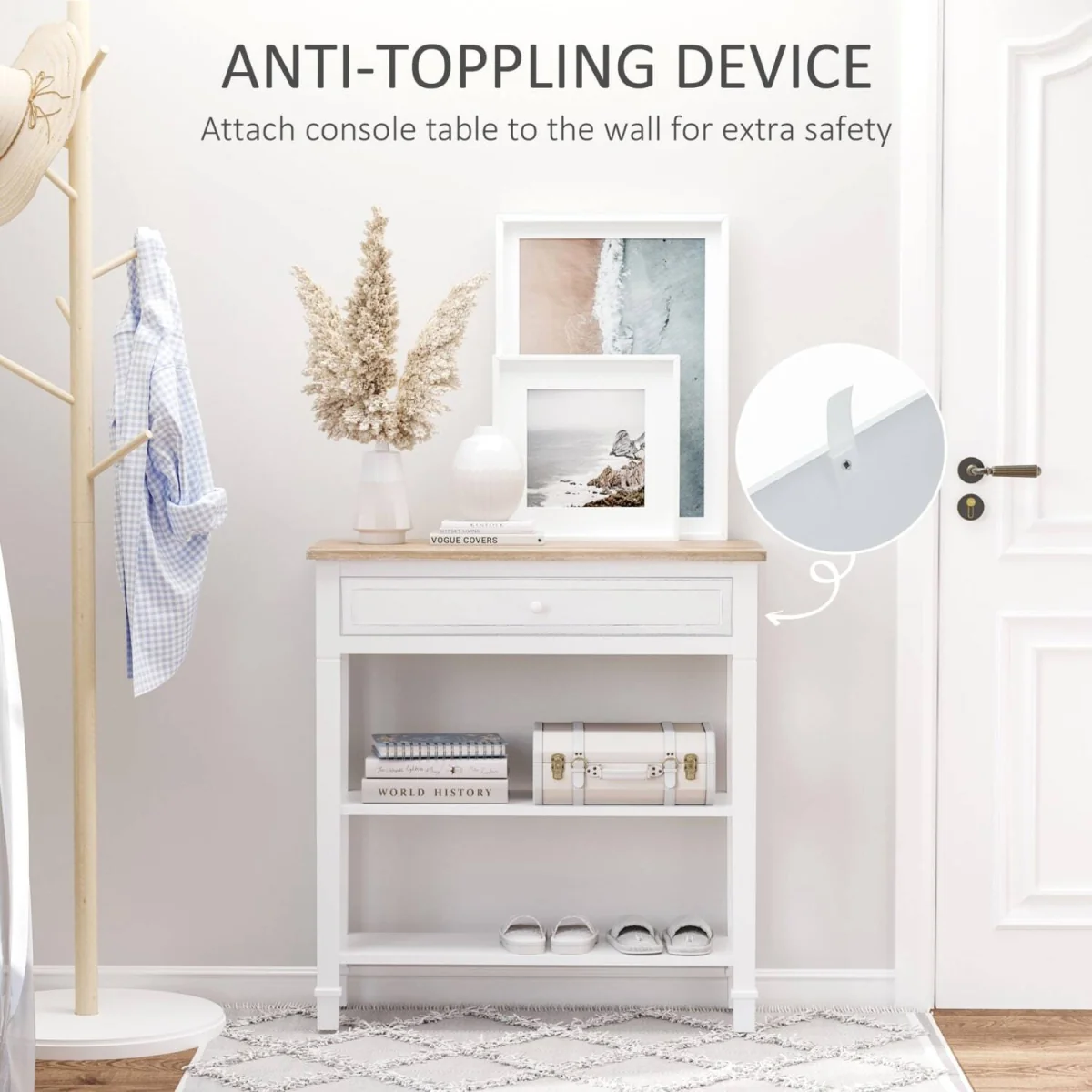 Sacoso Retro Console Table, White Frame and Natural Wood Top, Drawer and Dual Shelves – image 5