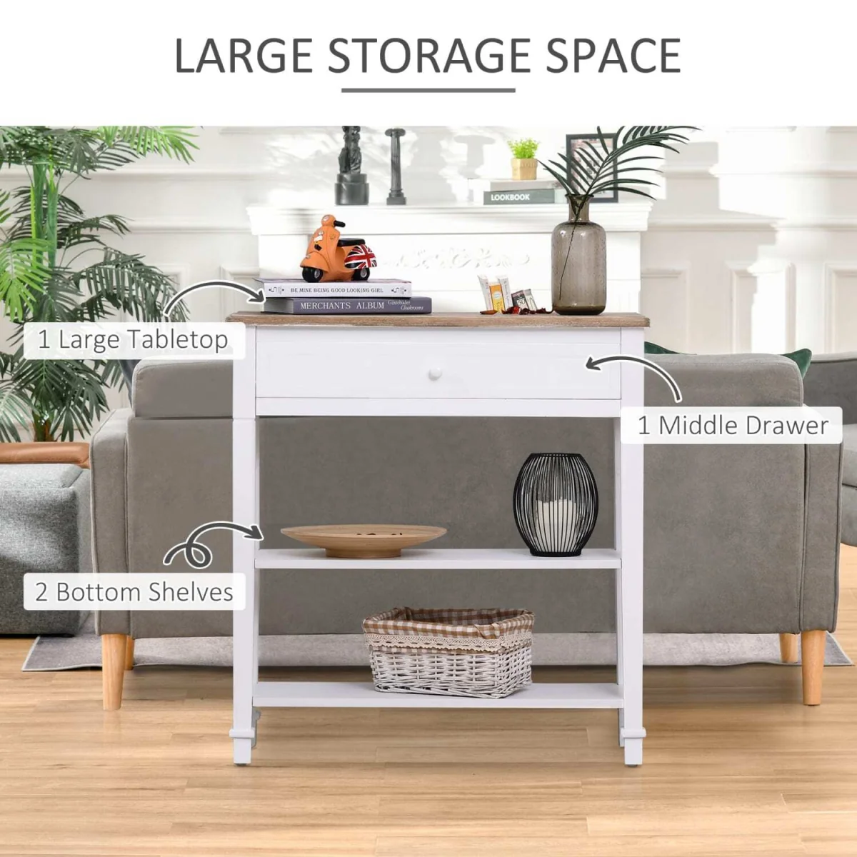 Sacoso Retro Console Table, White Frame and Natural Wood Top, Drawer and Dual Shelves – image 6