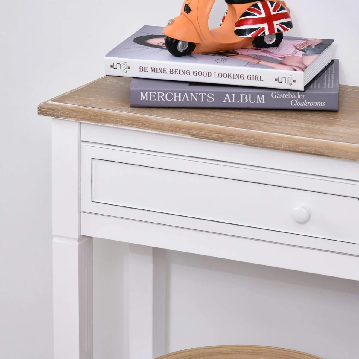 Sacoso Retro Console Table, White Frame and Natural Wood Top, Drawer and Dual Shelves – image 8