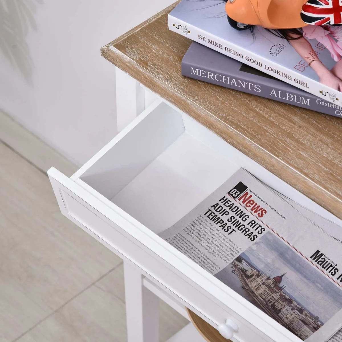 Sacoso Retro Console Table, White Frame and Natural Wood Top, Drawer and Dual Shelves – image 9