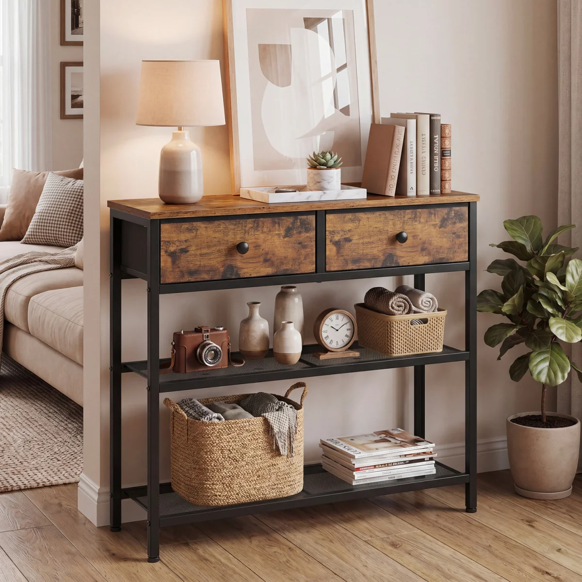 SONGMICS console table drawers mesh shelves - Brown – image 5