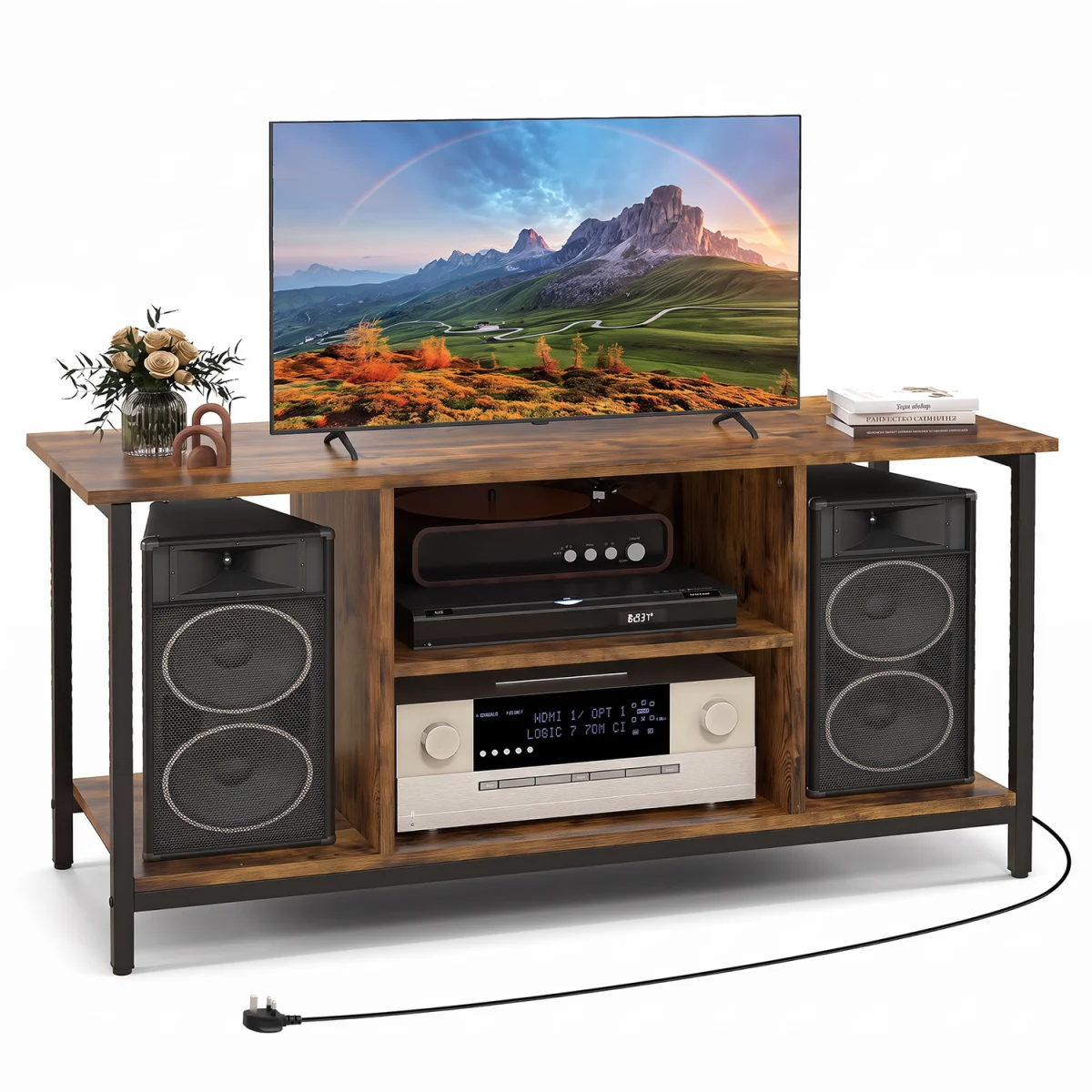 3 tier TV Console Table with Power Outlet And USB Port-Brown - Brown – image 2