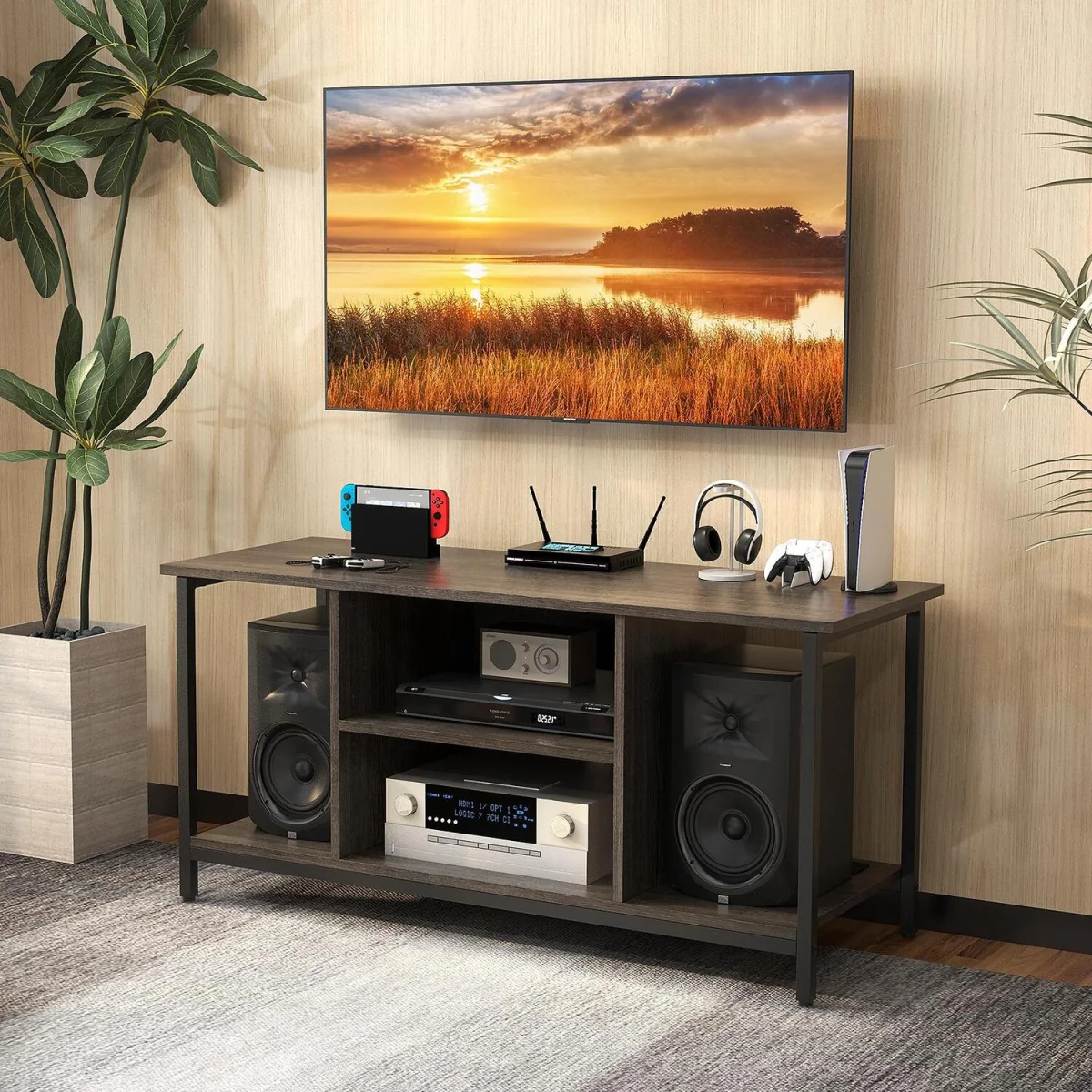 3 tier TV Console Table with Power Outlet And USB Port-Brown - Brown – image 13