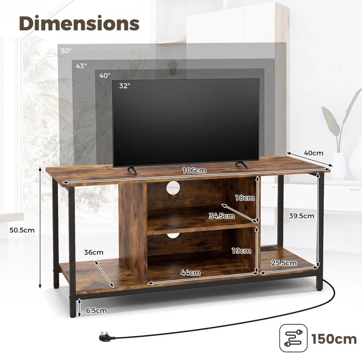 3 tier TV Console Table with Power Outlet And USB Port-Brown - Brown – image 3