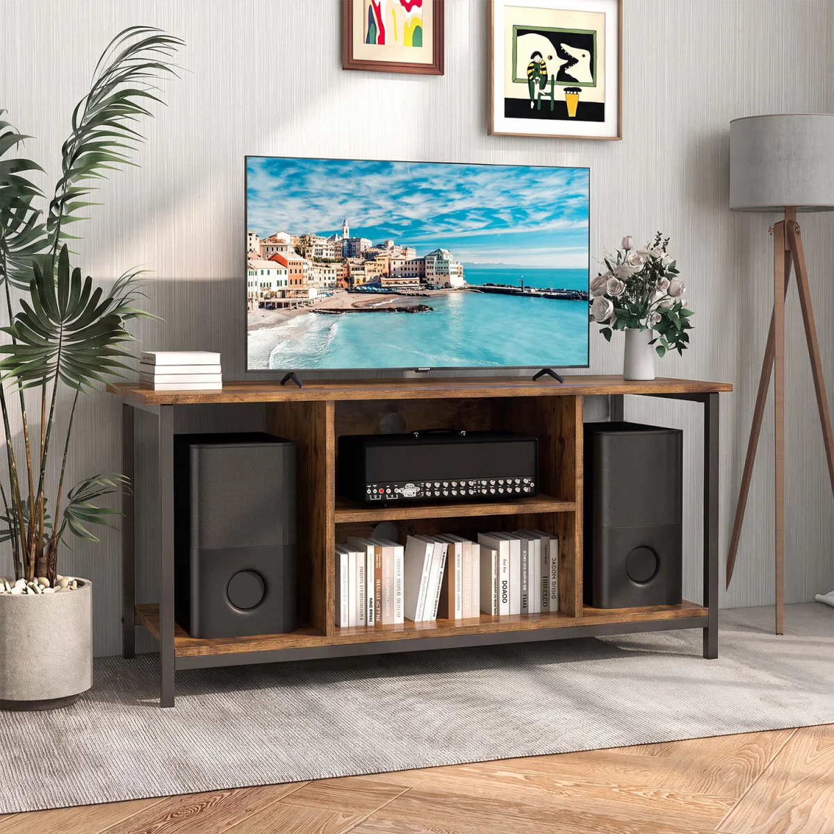 3 tier TV Console Table with Power Outlet And USB Port-Brown - Brown – image 4