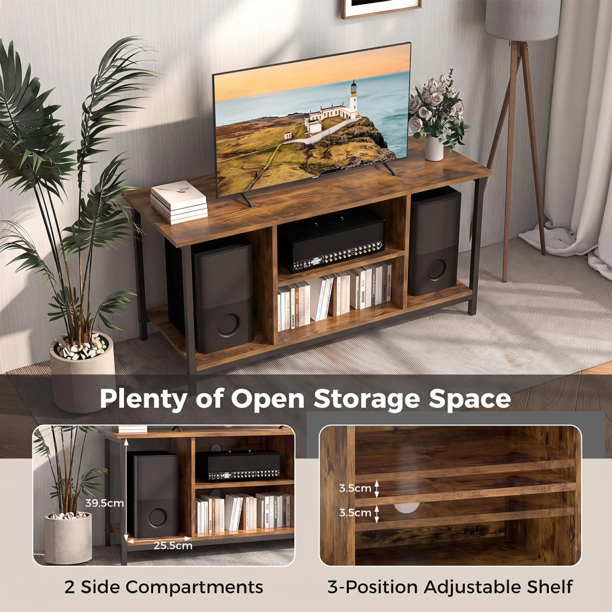 3 tier TV Console Table with Power Outlet And USB Port-Brown - Brown – image 5