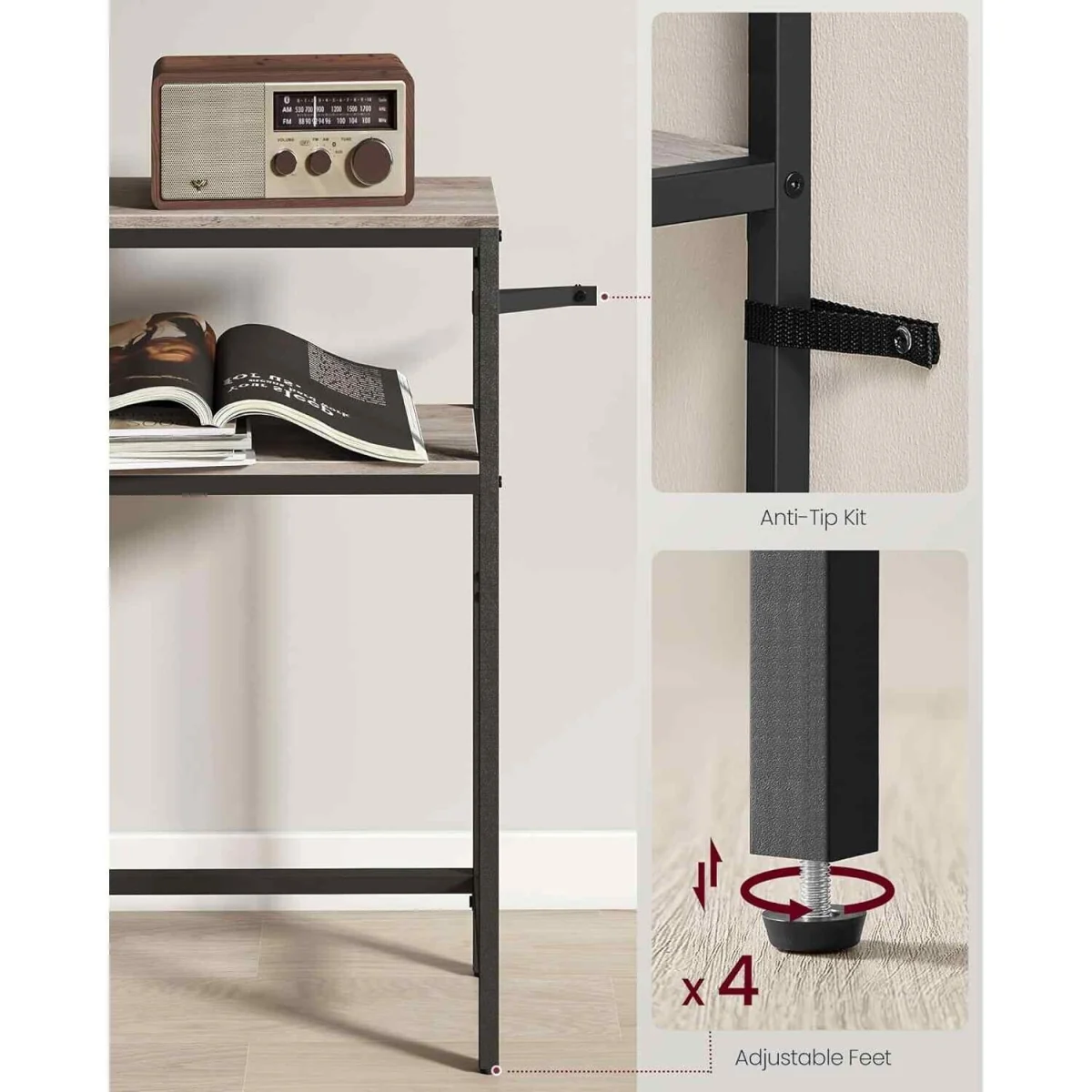 Narrow Console Table with 2 Shelves, Greige & Black - Heather Greige, Ink Black – image 5