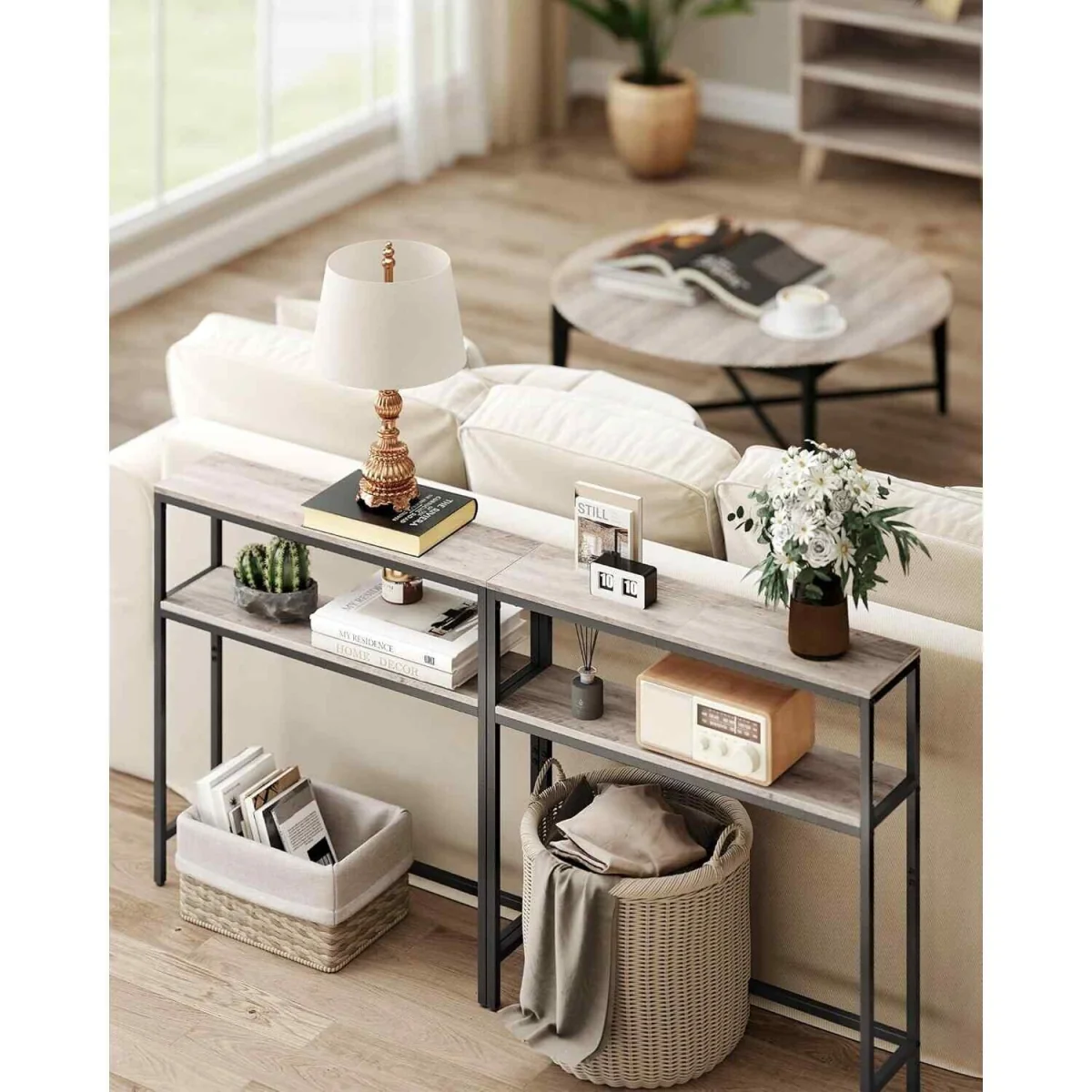 Narrow Console Table with 2 Shelves, Greige & Black - Heather Greige, Ink Black – image 6