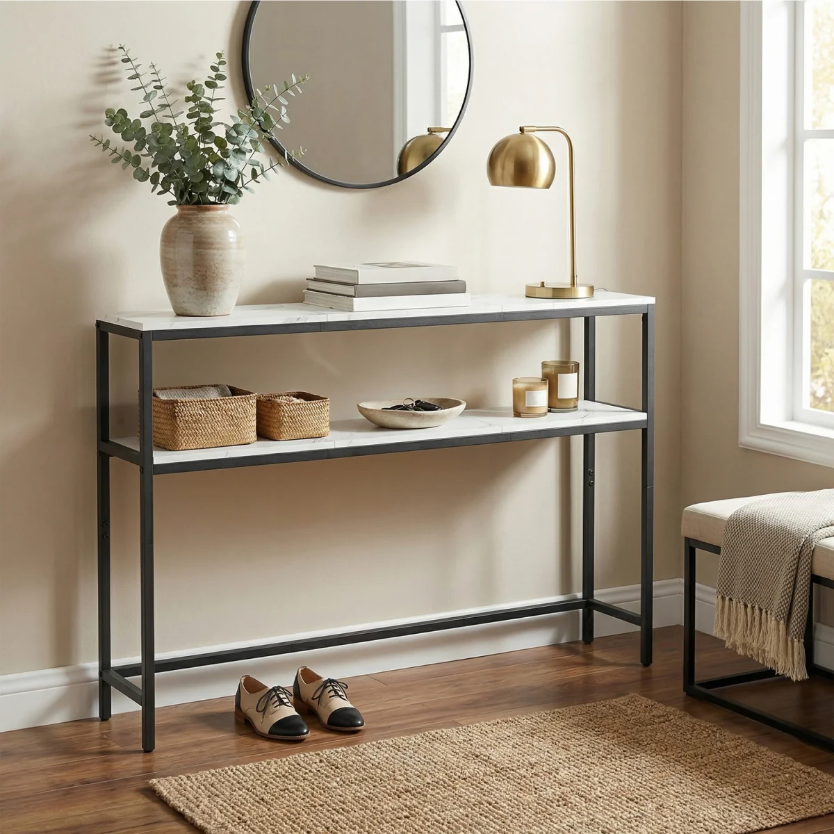 Console Table for Hallway, 2-Tier Slim Sofa Table,for Living Room - MarbleWhite,InkBlack – image 13